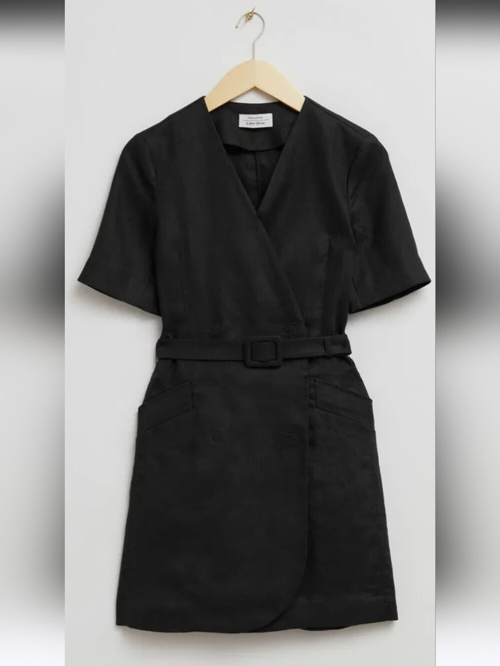 & Other Stories Black Linen Short Sleeve Wrap Mini Dress with Belt